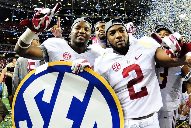 ATLANTA, GA - DECEMBER 06:  DeAndrew White #2 of the Alabama Crimson Tide celebrates with teammates after their 42 to 13 win over the Missouri Tigers in the SEC Championship game at the Georgia Dome on December 6, 2014 in Atlanta, Georgia.  (Photo by Scott Cunningham/Getty Images)