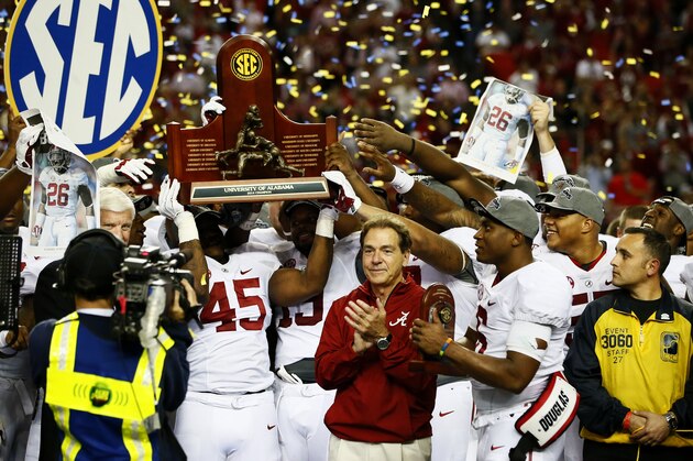 ATLANTA, GA - DECEMBER 06:  Head coach Nick Saban, Blake Sims #6 and the Alabama Crimson Tide celebrate their 42 to 13 win over the Missouri Tigers in the SEC Championship game at the Georgia Dome on December 6, 2014 in Atlanta, Georgia.  (Photo by Kevin C. Cox/Getty Images)