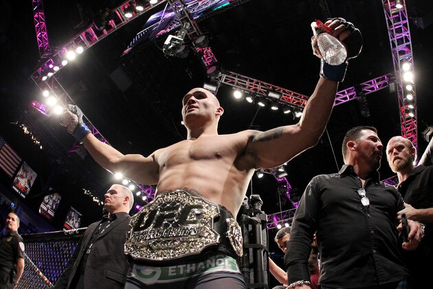 LAS VEGAS, NV - DECEMBER 06: Robbie Lawler celebrates after defeating Johny Hendricks by a split decision in their welterweight title fight during the UFC 181 event at the Mandalay Bay Events Center on December 6, 2014 in Las Vegas, Nevada.  (Photo by Alex Trautwig/Getty Images)