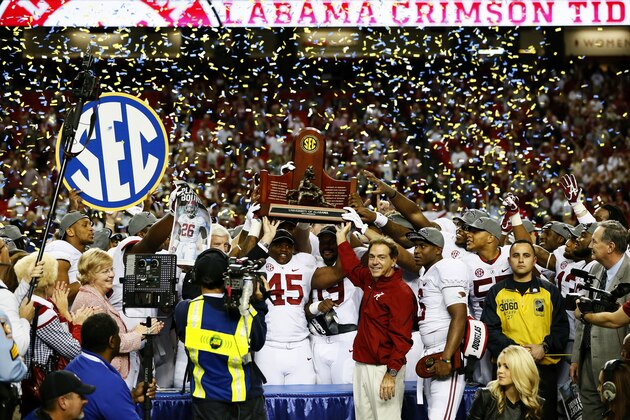 ATLANTA, GA - DECEMBER 06:  Head coach Nick Saban, Blake Sims #6 and the Alabama Crimson Tide celebrate their 42 to 13 win over the Missouri Tigers in the SEC Championship game at the Georgia Dome on December 6, 2014 in Atlanta, Georgia.  (Photo by Kevin C. Cox/Getty Images)