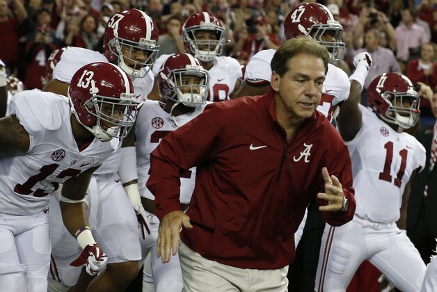 Alabama head coach Nick Saban takes the field with his team before the first half of the Southeastern Conference championship NCAA college football game against Missouri, Saturday, Dec. 6, 2014, in Atlanta. (AP Photo/Brynn Anderson) Alabama head coach Nick Saban takes the field with his team before the first half of the Southeastern Conference championship NCAA college football game against Missouri, Saturday, Dec. 6, 2014, in Atlanta. (AP Photo/Brynn Anderson)