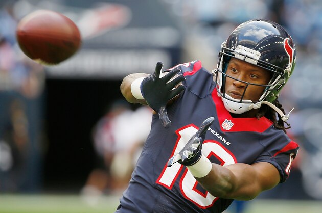 HOUSTON, TX - NOVEMBER 30:  DeAndre Hopkins #10 of the Houston Texans in action on the field prior to the start of their game against the Tennessee Titans at NRG Stadium on November 30, 2014 in Houston, Texas.  (Photo by Scott Halleran/Getty Images)