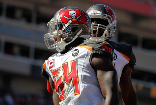 Oct 26, 2014; Tampa, FL, USA; Tampa Bay Buccaneers outside linebacker Lavonte David (54) and free safety Major Wright (31) react after a play against the Minnesota Vikings  during the second half at Raymond James Stadium. Minnesota Vikings defeated the Tampa Bay Buccaneers 19-13. Mandatory Credit: Kim Klement-USA TODAY Sports