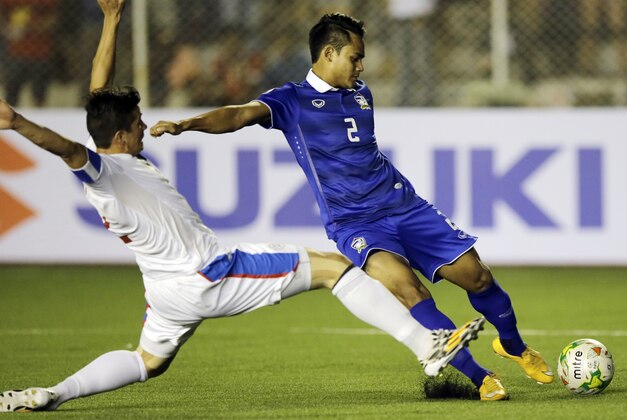 Philippines' Robert James Gier, left, challenges Thailand's Perapat Notechaiya for the ball during the Asean Football Federation Suzuki Cup final rounds group at the Rizal Memorial Football Stadium in Manila, Philippines, Saturday Dec. 6, 2014. The match ended 0-0 with the second semifinal leg to be played in Bangkok on Dec. 11.  (AP Photo/Bullit Marquez)