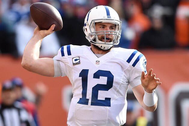 CLEVELAND, OH - DECEMBER 07:  Andrew Luck #12 of the Indianapolis Colts throws a pass during the second quarter against the Cleveland Browns at FirstEnergy Stadium on December 7, 2014 in Cleveland, Ohio.  (Photo by Jason Miller/Getty Images)