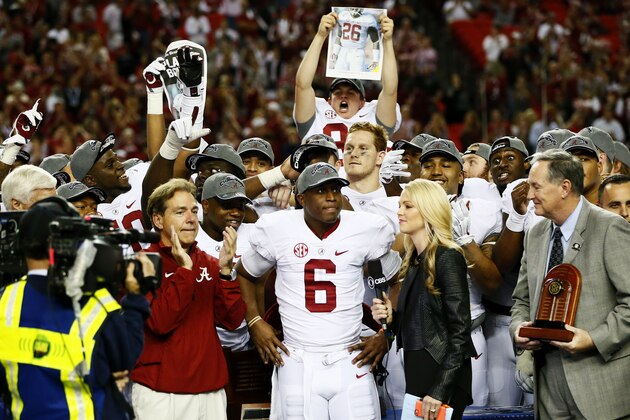 ATLANTA, GA - DECEMBER 06:  Head coach Nick Saban, Blake Sims #6 and the Alabama Crimson Tide celebrate their 42 to 13 win over the Missouri Tigers in the SEC Championship game at the Georgia Dome on December 6, 2014 in Atlanta, Georgia.  (Photo by Kevin C. Cox/Getty Images)