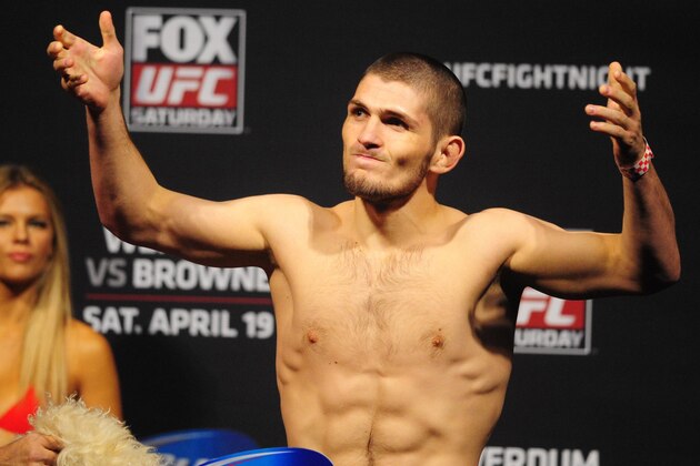 Apr 18, 2014; Orlando, FL, USA; Khabib Nurmagomedov poses during a weigh-in for UFC on FOX 11 at Amway Center. Mandatory Credit: David Manning-USA TODAY Sports