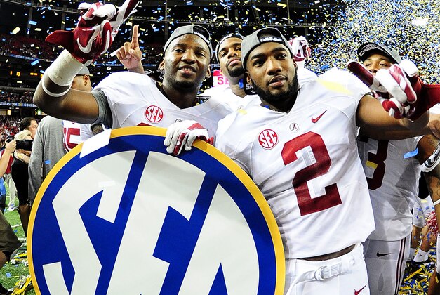 ATLANTA, GA - DECEMBER 06:  DeAndrew White #2 of the Alabama Crimson Tide celebrates with teammates after their 42 to 13 win over the Missouri Tigers in the SEC Championship game at the Georgia Dome on December 6, 2014 in Atlanta, Georgia.  (Photo by Scott Cunningham/Getty Images)