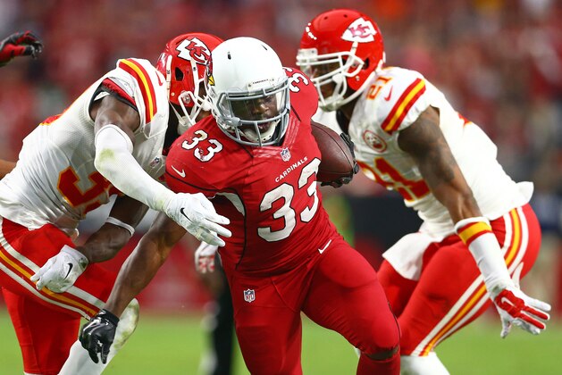 Dec 7, 2014; Glendale, AZ, USA; Arizona Cardinals running back Kerwynn Williams (33) runs the ball in the fourth quarter against the Kansas City Chiefs at University of Phoenix Stadium. The Cardinals defeated the Chiefs 17-14. Mandatory Credit: Mark J. Rebilas-USA TODAY Sports