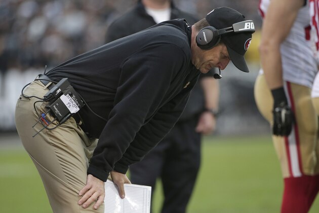 San Francisco 49ers head coach Jim Harbaugh stands on the sideline during the second half of an NFL football game against the Oakland Raiders in Oakland, Calif., Sunday, Dec. 7, 2014. (AP Photo/Marcio Jose Sanchez)