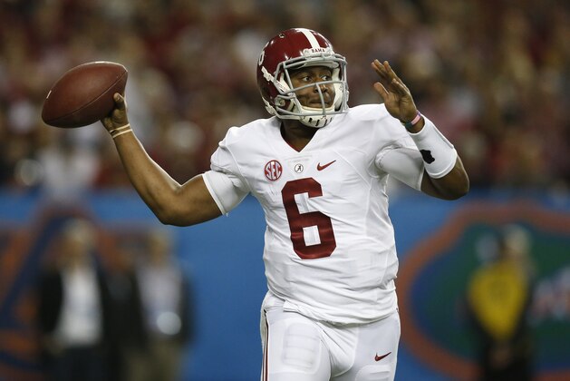 Alabama quarterback Blake Sims (6) passes against Missouri during the second half of the Southeastern Conference championship NCAA college football game, Saturday, Dec. 6, 2014, in Atlanta. (AP Photo/Brynn Anderson )