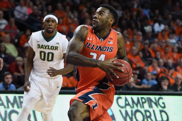 LAS VEGAS, NV - NOVEMBER 28:  Rayvonte Rice #24 of the Illinois Fighting Illini drives against the Baylor Bears during the championship game of the 2014 Continental Tire Las Vegas Invitational basketball tournament at the Orleans Arena on November 28, 2014 in Las Vegas, Nevada. Illinois won 62-54.  (Photo by Ethan Miller/Getty Images)