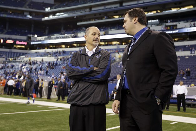 ADVANCE FOR WEEKEND EDITIONS, OCT. 26-27 - FILE - In this Dec. 20, 2012, file photo, Indianapolis Colts head coach Chuck Pagano, left, talks to general manager Ryan Grigson before an NFL football game against the Houston Texans in Indianapolis. In the 19 months since Peyton Manning was released, all the Colts general manager and coach have done is turn an abysmal 2-14 team into a division leader and a legitimate, long-term title contender. (AP Photo/Michael Conroy, File)