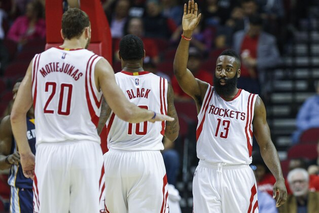 Dec 3, 2014; Houston, TX, USA; Houston Rockets guard James Harden (13) celebrates after a play during the first quarter against the Memphis Grizzlies at Toyota Center. Mandatory Credit: Troy Taormina-USA TODAY Sports