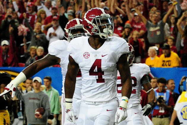 ATLANTA, GA - DECEMBER 06:  T.J. Yeldon #4 of the Alabama Crimson Tide celebrates his touchdown against the Missouri Tigers in the first quarter of the SEC Championship game at the Georgia Dome on December 6, 2014 in Atlanta, Georgia.  (Photo by Scott Cunningham/Getty Images)