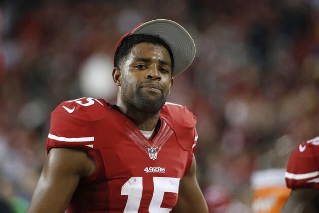 San Francisco 49ers wide receiver Michael Crabtree (15) walks on the sideline during the fourth quarter of an NFL football game against the Seattle Seahawks in Santa Clara, Calif., Thursday, Nov. 27, 2014. The Seahawks 19-3. (AP Photo/Tony Avelar)