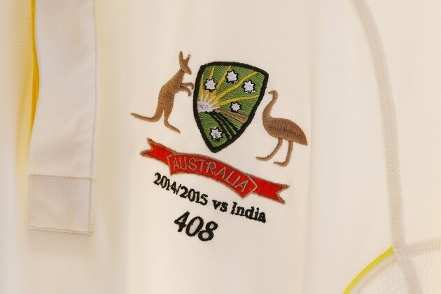 ADELAIDE, AUSTRALIA - DECEMBER 08:  The Test shirt of Michael Clarke of Australia is seen displaying 408, the Test Cap number of the late Phillip Hughes, during an Australian nets session at Adelaide Oval on December 8, 2014 in Adelaide, Australia.  (Photo by Michael Dodge/Getty Images)