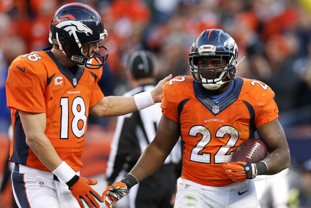Denver Broncos running back C.J. Anderson, right, celebrates his touchdown with quarterback Peyton Manning during the second half in an NFL football game Sunday, Dec. 7, 2014, in Denver. (AP Photo/David Zalubowski)