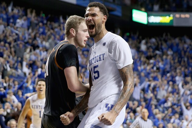 LEXINGTON, KY - DECEMBER 05:  Willie Cauley-Stein #15 of the Kentucky Wildcats celebrates after a dunk during the game against the Texas Longhorns at Rupp Arena on December 5, 2014 in Lexington, Kentucky.  (Photo by Andy Lyons/Getty Images)