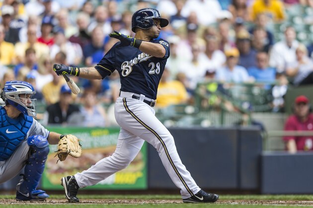 MILWAUKEE, WI - AUGUST 20:  Gerardo Parra #28 of the Milwaukee Brewers connects with the ball against the Toronto Blue Jays at Miller Park on August 20, 2014 in Milwaukee, Wisconsin.  (Photo by Tom Lynn/Getty Images)
