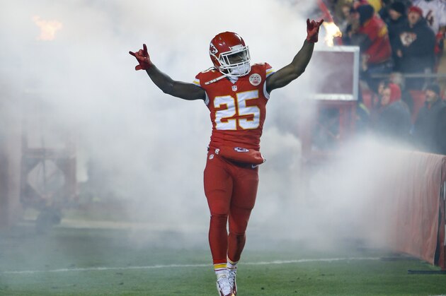 Kansas City Chiefs running back Jamaal Charles (25) is introduced before an NFL football game against the Denver Broncos in Kansas City, Mo., Sunday, Nov. 30, 2014. (AP Photo/Ed Zurga)
