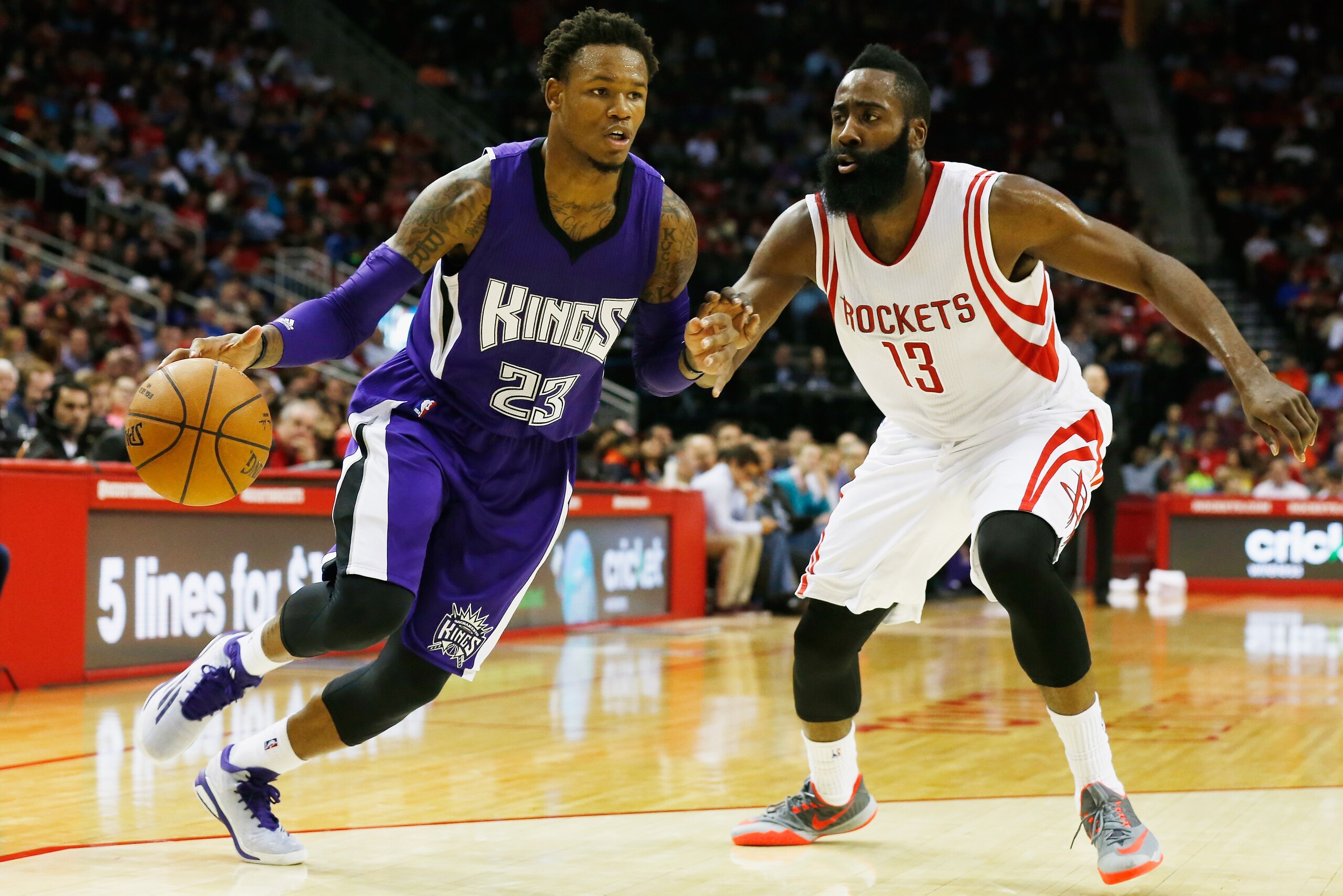 HOUSTON, TX - NOVEMBER 26: James Harden #13 of the Houston Rockets defends against Ben McLemore #23 of the Sacramento Kings during their game at the Toyota Center on November 26, 2014 in Houston, Texas. NOTE TO USER: User expressly acknowledges and agrees that, by downloading and/or using this photograph, user is consenting to the terms and conditions of the Getty Images License Agreement. (Photo by Scott Halleran/Getty Images) HOUSTON, TX - NOVEMBER 26: James Harden #13 of the Houston Rockets defends against Ben McLemore #23 of the Sacramento Kings during their game at the Toyota Center on November 26, 2014 in Houston, Texas. NOTE TO USER: User expressly acknowledges and agrees that, by downloading and/or using this photograph, user is consenting to the terms and conditions of the Getty Images License Agreement. (Photo by Scott Halleran/Getty Images)