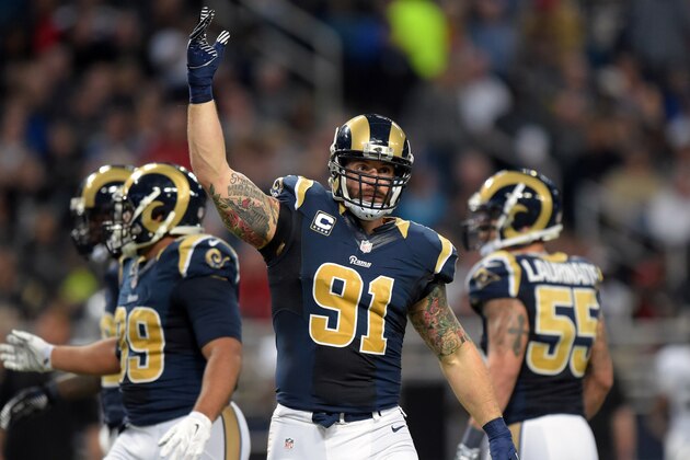 Nov 30, 2014; St. Louis, MO, USA; St. Louis Rams defensive end Chris Long (91) celebrates against the Oakland Raiders at Edward Jones Dome. Mandatory Credit: Kirby Lee-USA TODAY Sports