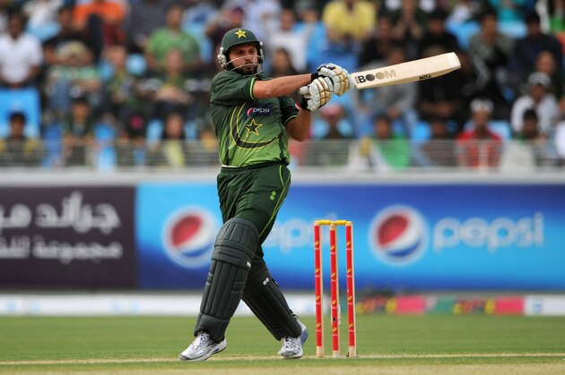 DUBAI, UNITED ARAB EMIRATES - FEBRUARY 18:  Shahid Afridi of Pakistan bats during the 3rd One Day International between Pakistan and England at Dubai International Stadium on February 18, 2012 in Dubai, United Arab Emirates.  (Photo by Gareth Copley/Getty Images)