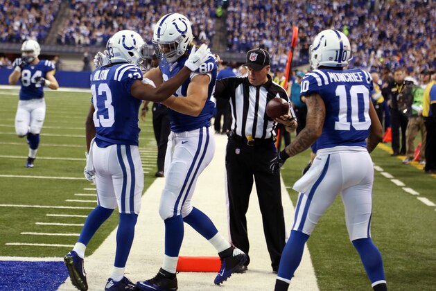 Nov 30, 2014; Indianapolis, IN, USA; Indianapolis Colts tight end Coby Fleener (80) is congratulated by wide receiver T.Y. Hilton (13) after catching a touchdown pass against the Washington Redskins at Lucas Oil Stadium. Mandatory Credit: Brian Spurlock-USA TODAY Sports
