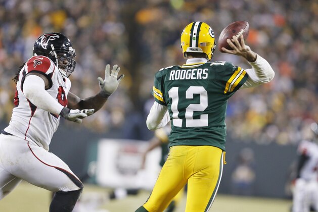 Green Bay Packers' Aaron Rodgers during the second half of an NFL football game against the Atlanta Falcons Monday, Dec. 8, 2014, in Green Bay, Wis. (AP Photo/Mike Roemer)