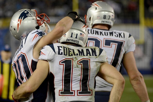 SAN DIEGO, CA-  DECEMBER 7:  Julian Edelman #11 of the New England Patriots celebrates his touchdown with teammates Danny Amendola #80 and Rob Gronkowski #87 during an NFL game at Qualcomm Stadium on December 7, 2014 in San Diego, California. (Photo by Donald Miralle/Getty Images)