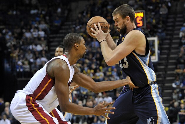 Miami Heat center Chris Bosh defends Memphis Grizzlies center Marc Gasol (33) in the second half of an NBA basketball game Sunday, Dec. 7, 2014, in Memphis, Tenn. The Grizzlies won 103-87. (AP Photo/Brandon Dill)