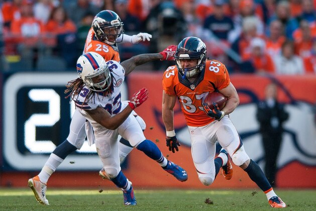 DENVER, CO - DECEMBER 7:  Wide receiver Wes Welker #83 of the Denver Broncos returns a punt against the Buffalo Bills at Sports Authority Field at Mile High on December 7, 2014 in Denver, Colorado.  (Photo by Dustin Bradford/Getty Images)