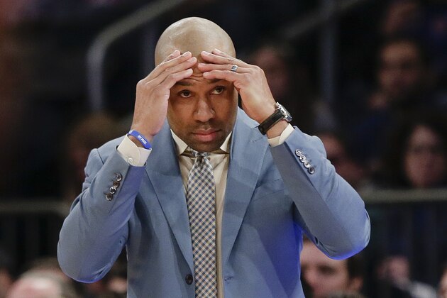 New York Knicks' Derek Fisher reacts to a call during the first half of an NBA basketball game against the Portland Trail Blazers Sunday, Dec. 7, 2014, in New York. The Trail Blazers won the game 103-99. (AP Photo/Frank Franklin II)