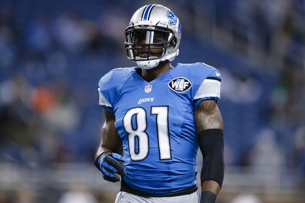Detroit Lions wide receiver Calvin Johnson (81) during warm ups before an NFL football game against the Tampa Bay Buccaneers at Ford Field in Detroit, Sunday, Dec. 7, 2014. (AP Photo/Rick Osentoski)