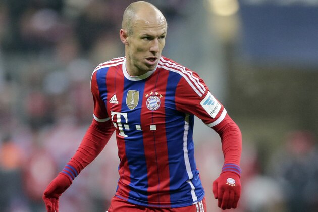 Bayern's Arjen Robben from the Netherlands controls the ball during the German first division Bundesliga soccer match between FC Bayern and Bayer Leverkusen 04 in the Allianz Arena in Munich, Germany, on Saturday, Dec. 6, 2014. (AP Photo/Matthias Schrader)