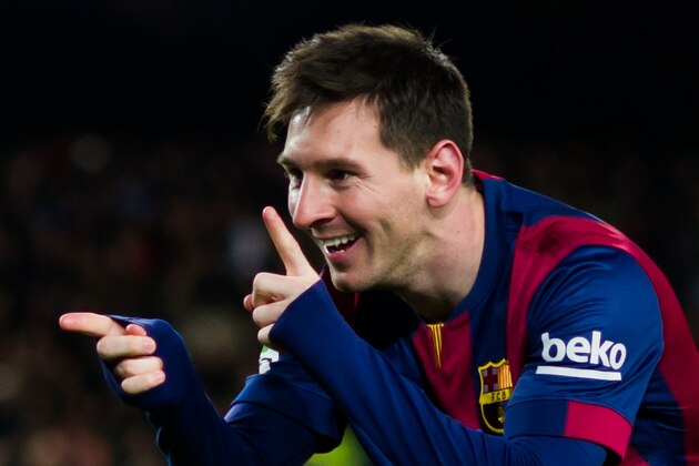 BARCELONA, SPAIN - DECEMBER 07: Lionel Messi of FC Barcelona celebrates after scoring his team's second goal during the La Liga match between FC Barcelona and RCD Espanyol at Camp Nou on December 7, 2014 in Barcelona, Spain. (Photo by Alex Caparros/Getty Images)