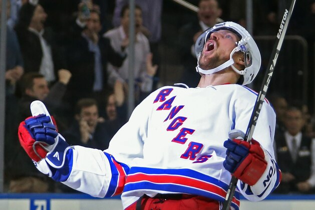 NEW YORK, NY - DECEMBER 08:  Kevin Klein #8 of the New York Rangers celebrates his game winning goal at 3:45 of overtime against the Pittsburgh Penguins at Madison Square Garden on December 8, 2014 in New York City. The Rangers defeated the Penguins 4-3 in overtime.  (Photo by Bruce Bennett/Getty Images)