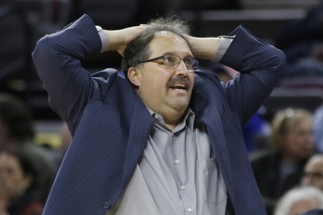 Detroit Pistons head coach Stan Van Gundy reacts to a call during the second half of an NBA basketball game against the Orlando Magic in Auburn Hills, Mich., Monday, Nov. 17, 2014. (AP Photo/Carlos Osorio)