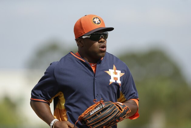 Houston Astros'Delino DeShields Jr. runs to the dugout during a spring exhibition baseball game against the Washington Nationals in Kissimmee, Fla., Sunday, March 16, 2014. (AP Photo/Carlos Osorio)