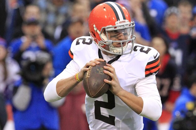 Cleveland Browns quarterback Johnny Manziel (2) looks to pass against the Buffalo Bills during the second half of an NFL football game, Sunday, Nov. 30, 2014, in Orchard Park, N.Y. (AP Photo/Bill Wippert)