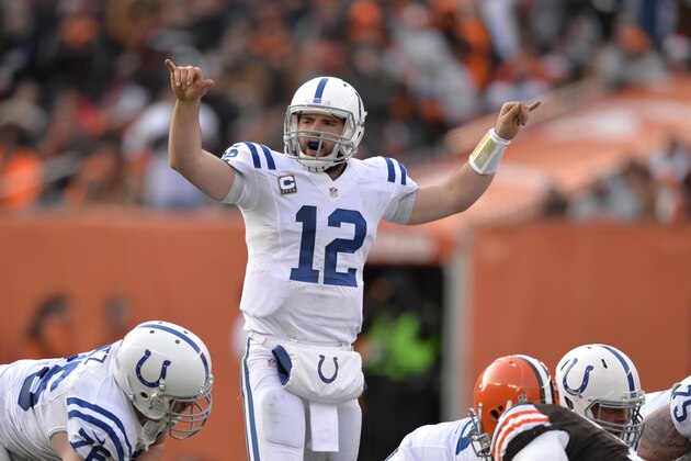 Indianapolis Colts quarterback Andrew Luck calls a play against the Cleveland Browns during an NFL football game Sunday, Dec. 7, 2014, in Cleveland. The Colts won 25-24. (AP Photo/David Richard)
