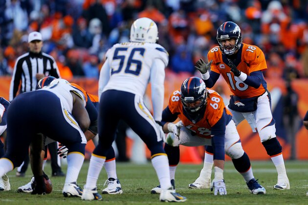 DENVER, CO - JANUARY 12:  Peyton Manning #18 of the Denver Broncos calls a play against the San Diego Chargers during the AFC Divisional Playoff Game at Sports Authority Field at Mile High on January 12, 2014 in Denver, Colorado.  (Photo by Justin Edmonds/Getty Images)