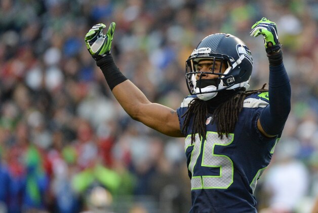 Jan 19, 2014; Seattle, WA, USA; Seattle Seahawks cornerback Richard Sherman (25) reacts during the first half of the 2013 NFC Championship football game against the San Francisco 49ers at CenturyLink Field. The Seahawks defeated the 49ers 23-17. Mandatory Credit: Kyle Terada-USA TODAY Sports