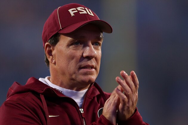 CHARLOTTE, NC - DECEMBER 06: Florida State Seminoles head coach Jimbo Fisher evaluates his team before the game against the Georgia Tech Yellow Jackets at the ACC Championship game on December 6, 2014 in Charlotte, North Carolina. (Photo by Mike Ehrmann/Getty Images)
