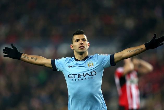Manchester City's Sergio Aguero celebrates his goal during their English Premier League soccer match against Sunderland at the Stadium of Light, Sunderland, England, Wednesday, Dec. 3, 2014. (AP Photo/Scott Heppell)