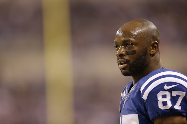 Indianapolis Colts wide receiver Reggie Wayne (87) watches during the first half of an NFL football game against the Jacksonville Jaguars Sunday, Nov. 23, 2014 in Indianapolis. (AP Photo/AJ Mast)