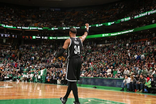 BOSTON, MA - JANUARY 26:  Paul Pierce #34 of the Brooklyn Nets stands on the court after the game against the Boston Celtics during a game at TD Garden in Boston. NOTE TO USER: User expressly acknowledges and agrees that, by downloading and or using this photograph, User is consenting to the terms and conditions of the Getty Images License Agreement. Mandatory Copyright Notice: Copyright 2014 NBAE (Photo by Nathaniel S. Butler/NBAE via Getty Images)