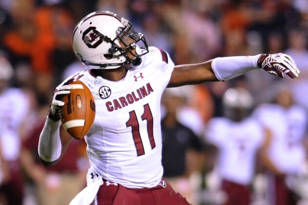 Oct 25, 2014; Auburn, AL, USA; South Carolina Gamecocks wide receiver Pharoh Cooper (11) passes the ball during the second half against the Auburn Tigers at Jordan Hare Stadium. Auburn won 42-35. Mandatory Credit: Shanna Lockwood-USA TODAY Sports