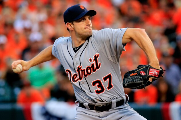 BALTIMORE, MD - OCTOBER 02:  Max Scherzer #37 of the Detroit Tigers throws a pitch in the first inning against the Baltimore Orioles during Game One of the American League Division Series at Oriole Park at Camden Yards on October 2, 2014 in Baltimore, Maryland.  (Photo by Rob Carr/Getty Images)